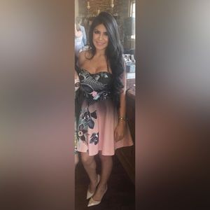 Bebe oriental strapless dress wedding nude pink floral Small 4 6